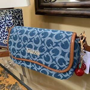 Guess Blue Denim Logo Shoulder Bag with Tan Trim And Cherry Charm